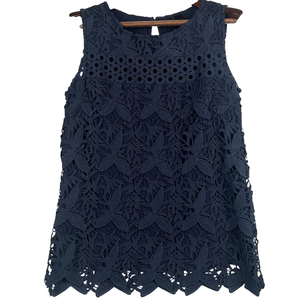 Womens S Floral Lace Tank Top Navy Blue Sleeveless Eyelet Boho Cottagecore